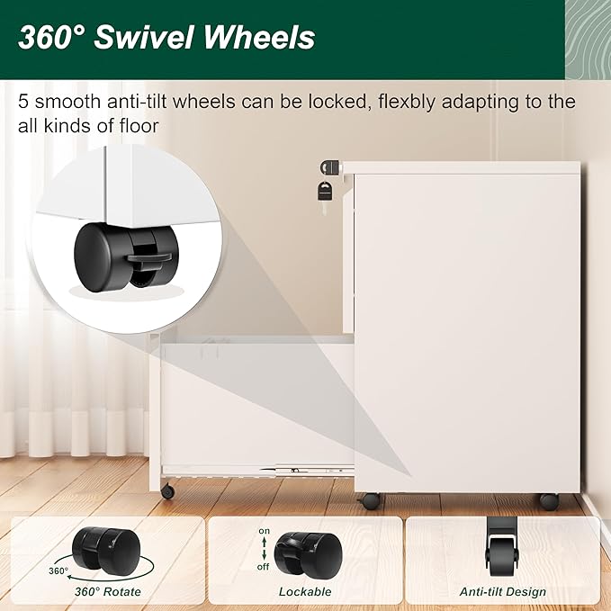 Superday 2 Drawer File Cabinet, Metal Rolling Filing Cabinet with Lock, Small File Cabinets with 2 Drawer, Filing Cabinets for Home Office Fit A4/Letter/Legal, Easy Assemble, White-DeskLoop Office