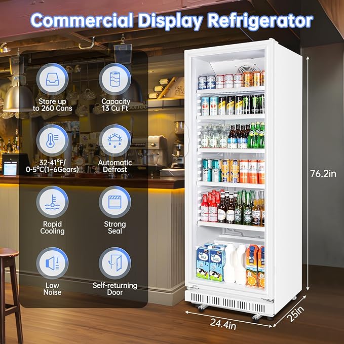 Commercial Beverage Refrigerator, 24.5 Inch 15 Cu. Ft. Drink Fridge, Display Refrigerator with Glass Door, Commercial Display Fridge with 5 Adjustable Shelves, for Shops, Restaurants, Bars-DeskLoop Office