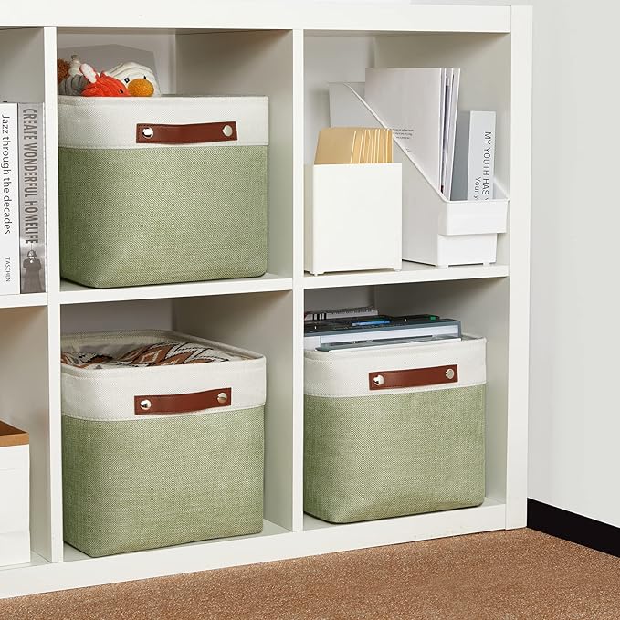 DULLEMELO Fabric Storage Bins for Laundry, Home, Foldable Storage Baskets for Shelves, Toys, Collapsible Storage Bins for Office,Bedroom(3-Pack Medium-15 inch X 11 inch X 9.5 inch , White&Green)-DeskLoop Office