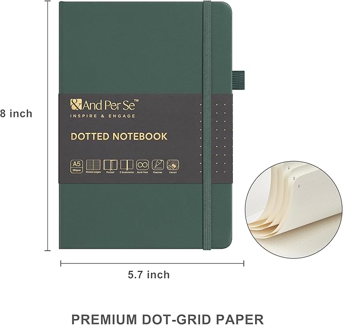 &And Per Se Dotted Journal Notebook Set, A5 Hardcover Dotted Journal (Green), 6 Fineliner Pens, 8 Sticker, 5 Stencil Sheets & 6 Washi Tapes, Journaling Supplies for Planner Schedule-DeskLoop Office