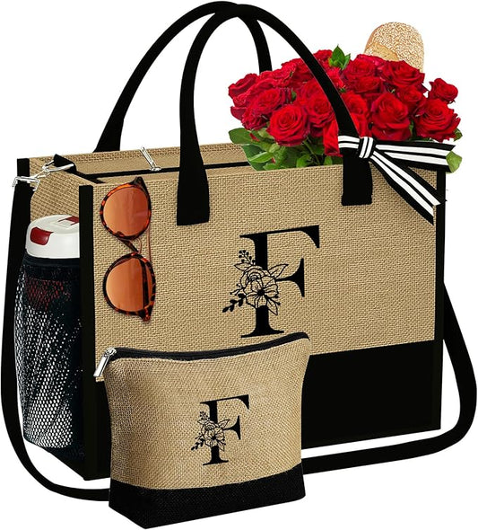 YOOLIFE Christmas Gifts for Women, Initial Jute Tote Bag with Zipper Grandma Mom Bride Teacher Gifts Birthday Gifts for Women