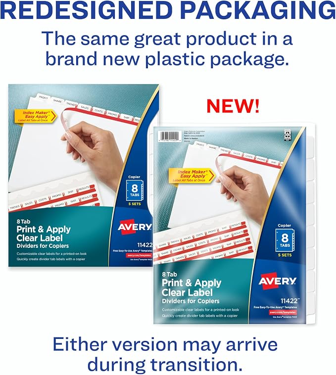 Avery 8 Tab Dividers for 3 Ring Binder, Easy Print & Apply Clear Label Strip - Image 2