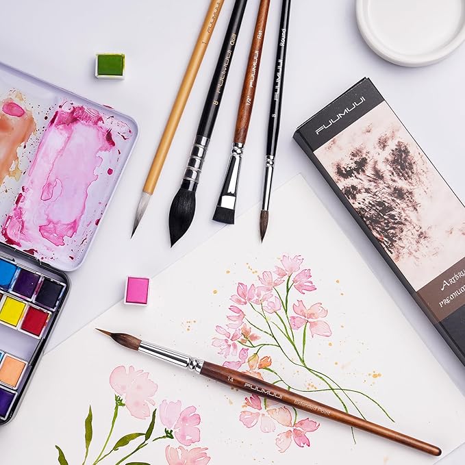 Watercolor Paint Brushes, 5pcs Fuumuui Professional Sable Brush, Wool & Synthetic Squirrel Brushes Set with Extended Needle, Round Point, Flat, Quill Wash Perfect for Watercolor Acrylic Gouache Inks-DeskLoop Office