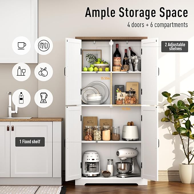 HOSTACK 64" Tall Pantry Cabinet, Modern Farmhouse Kitchen Pantry, Wood Bathroom Storage Cabinet, Large Bookcase, 4 Doors|Adjustable Shelves, for Dining Room, Living Room, Home Office, White-DeskLoop Office