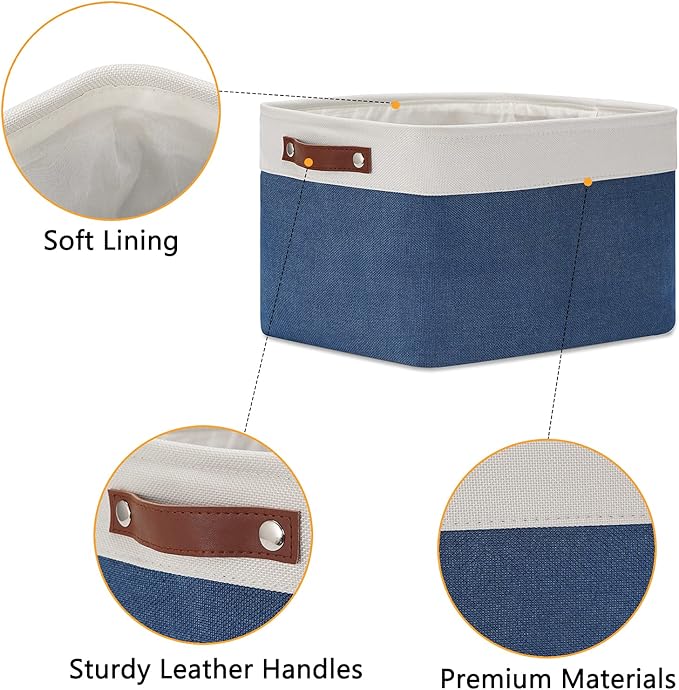 DULLEMELO Fabric Storage Bins, Foldable Storage Baskets for Organizing, Empty Gift Baskets (3-Pack Medium-15 inch X 11 inch X 9.5 inch , White&Blue)-DeskLoop Office