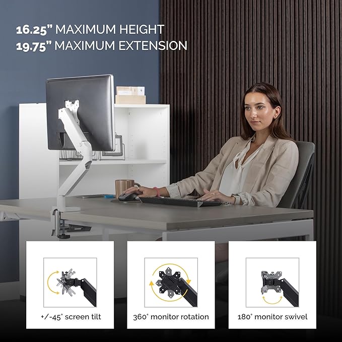Fellowes Platinum Series Single Monitor Arm for 40-Inch Monitors, Full Motion, 360° Rotation, VESA Mount with Grommet or Clamp, USB Ports, Ergonomic, White, 8056201-DeskLoop Office