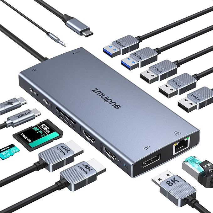 USB C Laptop Docking Station with 2 HDMI 4K@60Hz+DP 8K@30Hz for Dell HP Thinkpad Surface, 15 in 1 USB C Hub Triple Display Multiple Adapter, Dongle with USB A Port+Button+PD+Ethernet+SD/TF+Audio-DeskLoop Office