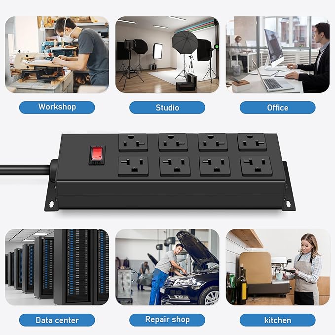 JUNNUJ Heavy Duty 20 Amp Power Strip, Garage 8 Outlets Metal 12 Gauge Surge Protector 3000J, High Amp 5-15P Adapter Shop 6-20R T-Slot Industrial Outlets (8AC, 15FT)-DeskLoop Office