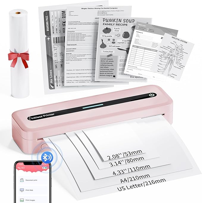 COLORWING Portable Printers Wireless for Travel, 300DPI Mini Compact Inkless Printer, Thermal Bluetooth Printer Compatible with Android and iOS Smartphone & Tablet & Laptop - Pink-DeskLoop Office
