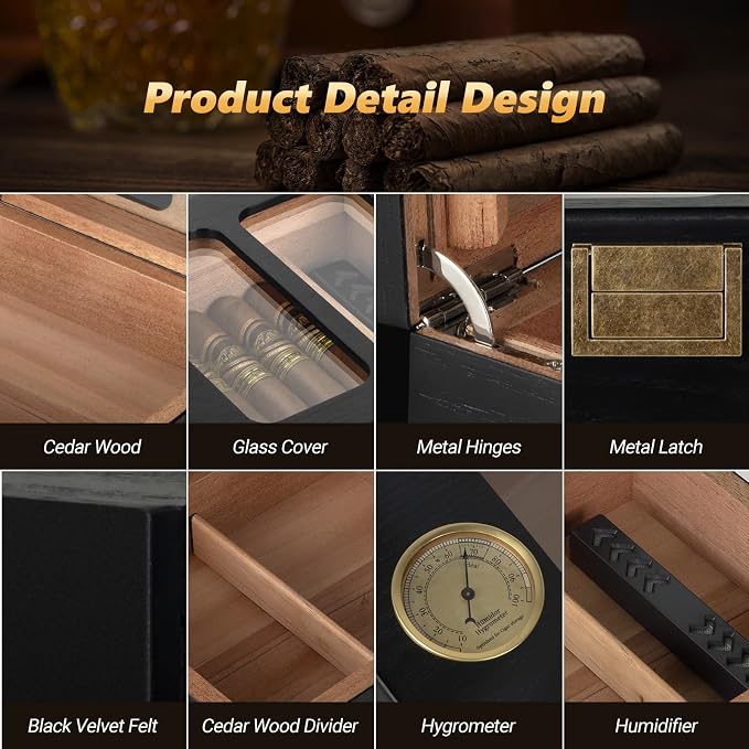 Cigar Humidor, Glass Top Cedar Wood Cedar Humidor Box, Cigar Case - Image 6