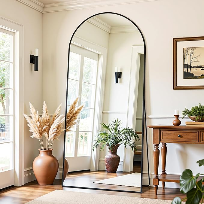 Full Length Mirror, 71"x32" Oversized Floor Mirror Freestanding, Full Body Mirror Floor Standing Mirrors with Stand, Hanging Mounted Mirrors for Bedroom Living Room, Black, Arched Style-DeskLoop Office