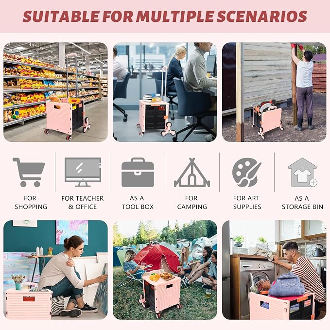 FELICON SELORSS Folding Utility Climber Cart Portable Rolling Crate-Pink | - Image 5