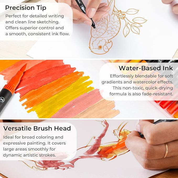 ZSCM Orange Duo Tip Marker Pens, 12 Pack Fine & Brush Markers - Image 3