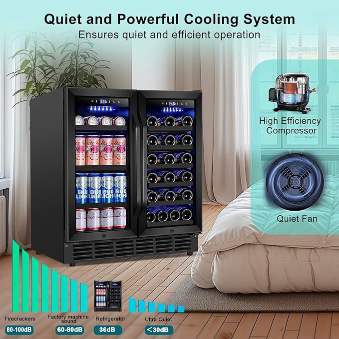 30'' Wine and Beverage Refrigerator, Upgrade Dual Zone Wine Cooler, 30 Inch Wine beverage Fridge Built in or Freestanding Under Counter Large Capacity Glass Door Advanced Cooling System,Black-DeskLoop Office