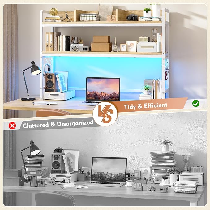 REIBII 45.2" Desk Shelf with LED Lights and Hooks, 2-Tier Adjustable - Image 3