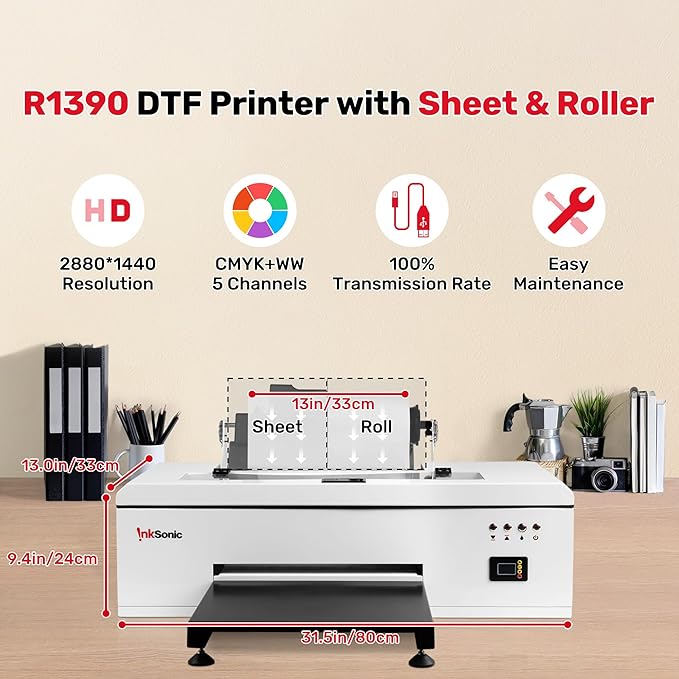 InkSonic R1390 DTF Printer, A3 T shirt Printing Machine with Laptop and Oven Bundle, 13" DTF Printer Machine, Direct to Film Heat Transfer, T-Shirt Maker for Clothes Design, Custom DIY Printing-DeskLoop Office