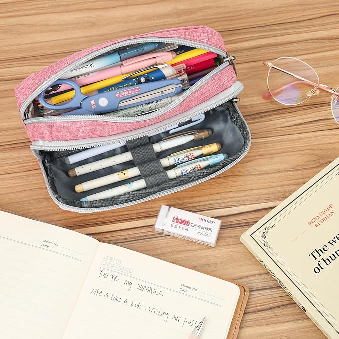 Della Gao Big Capacity Pencil Pen Case Nylon Large Pencil Pouch Simple Stationery Bag Office Organizer Pen Bag for Men Women - Pink-DeskLoop Office