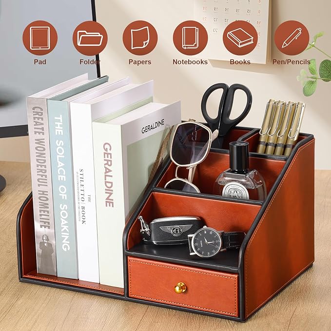 KINGFOM PU Leather Desk Organizer, Multifunction 6 Compartment Desk Organizers and Accessories for Office Supplies, Pen Pencil Holder/Book Mail Organizer Holder for Desk with Drawer (Brown)-DeskLoop Office