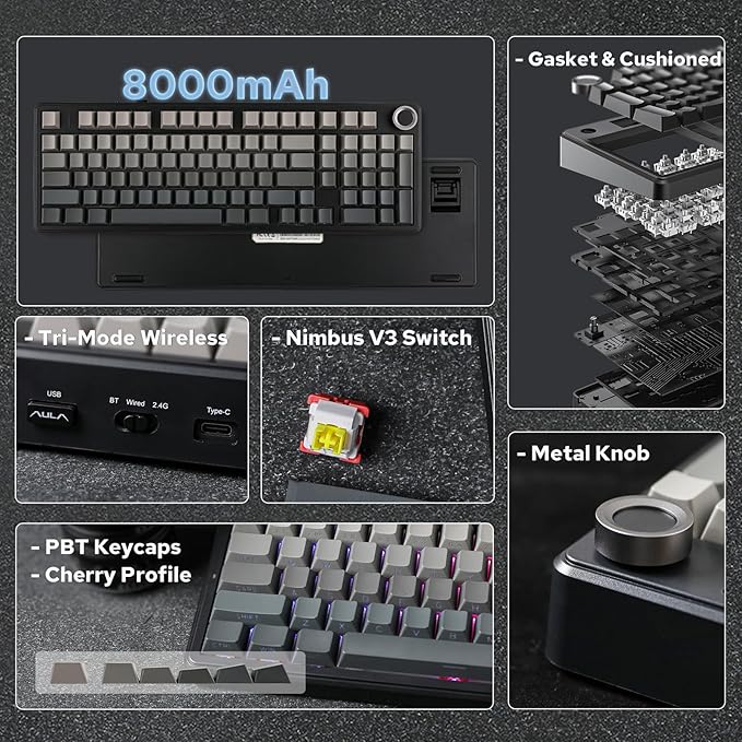 EPOMAKER X Aula F99 PRO Wireless Gaming Keyboard with 8000mAh Battery, Hot Swappable Creamy Keyboard, 2.4GHz/Type-C/BT5.0, NKRO, RGB Backlit for Win/Mac/Gaming (Black Gradient)-DeskLoop Office