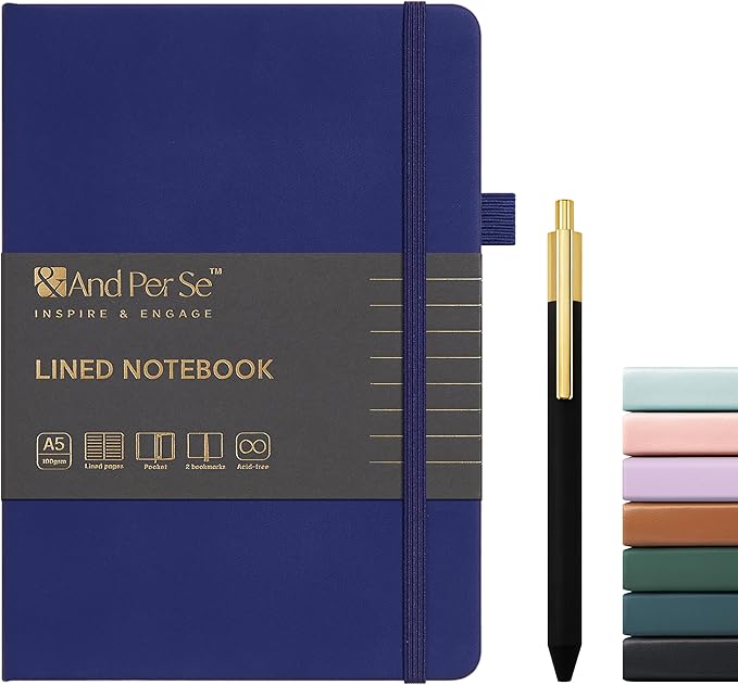 A5 Lined Leather Journal and Pen Set, Hardcover Notebook with Pen, 160 Pages 100gsm Thick Ruled Paper for for Women Men Work Business School or Home Writing, 5.7'' x 8'' (Royal Blue)-DeskLoop Office