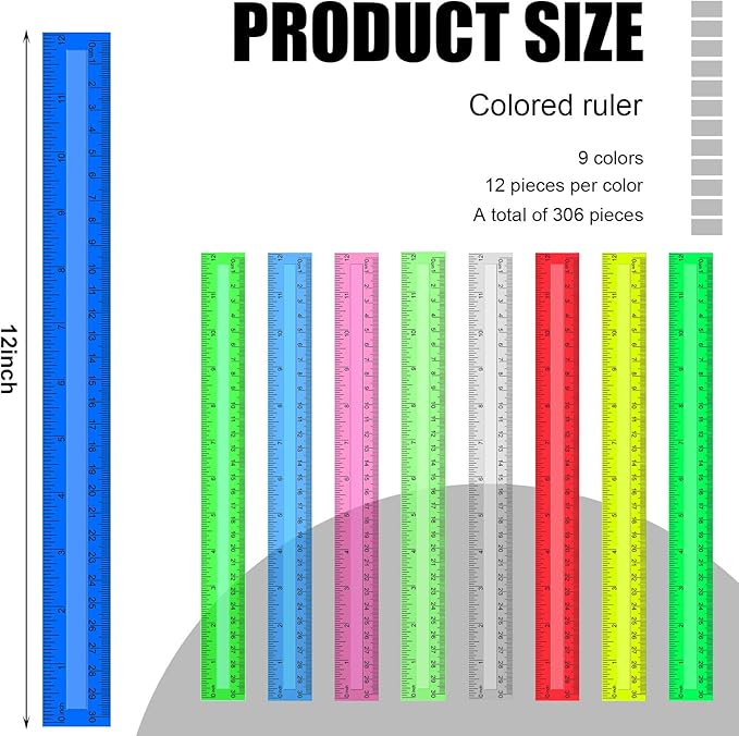 Panelee 306 Pcs 12 Inch Plastic Ruler Color Transparent Ruler Assorted Color Metric Clear Ruler with Inches and Centimeters for Kids School Home Classroom Office Back to School Gifts Supplies-DeskLoop Office