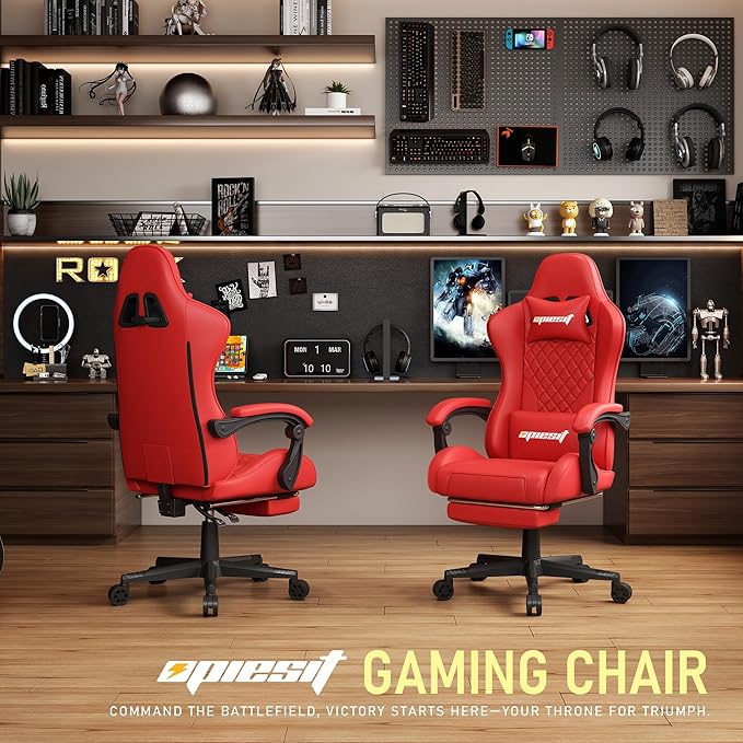 Gaming Chair,Ergonomic Computer Chairs for Adults with Footrest, PU Leather Office Chair with Adjustable Lumbar Support & Pocket Spring Cushion - Heavy Duty 400lb Capacity Gamer Chair (Red)-DeskLoop Office