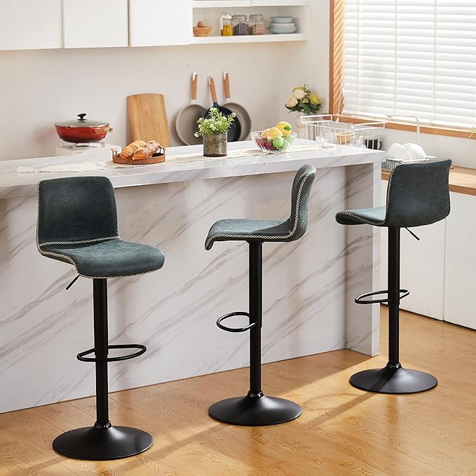 HeuGah Bar Stools Set of 3, Swivel Counter Height Barstools with Back, Adjustable Height 24" to 32", Faux Leather Bar Chairs for Kitchen Island (Deep Teal, Set of 3 (24'' to 32''))-DeskLoop Office