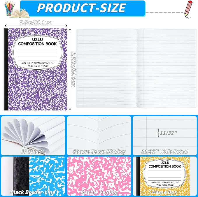24 Pack 9.75 x 7.5 in Large Composition Notebooks Bulk 12 Color Wide Ruled - Image 2