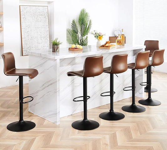 HeuGah Bar Stools Set of 6, Swivel Counter Height Barstools with Back, Adjustable Height 24" to 32", Brown Faux Leather Bar Chairs for Kitchen Island (Brown, Set of 6 (24'' to 32''))-DeskLoop Office