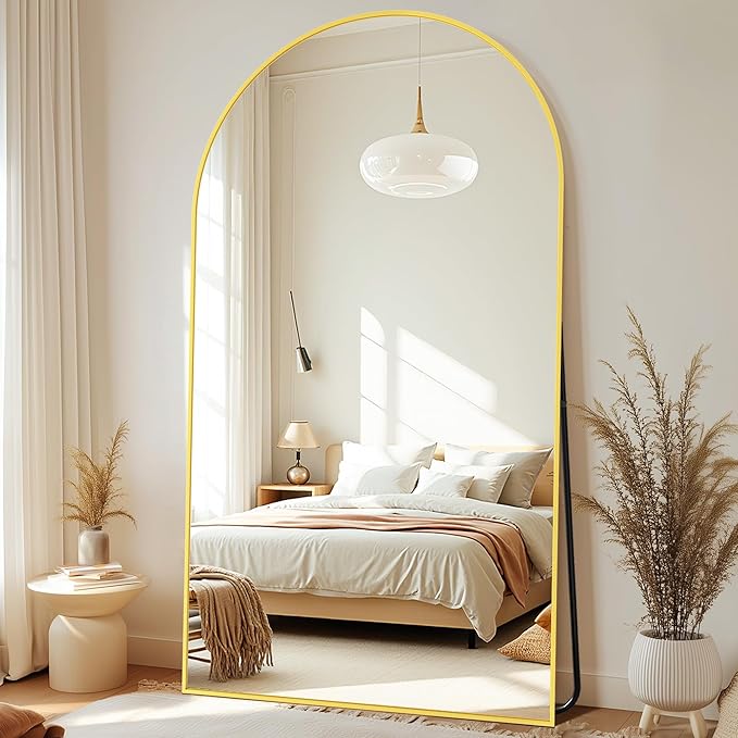 Full-Length Floor Mirror with Stand, 81"x41" Arched Style Full Body Standing Mirror for Bedroom, Living Room, Gym, Dorm - Shatter-Resistant & Easy Assembly, Gold-DeskLoop Office