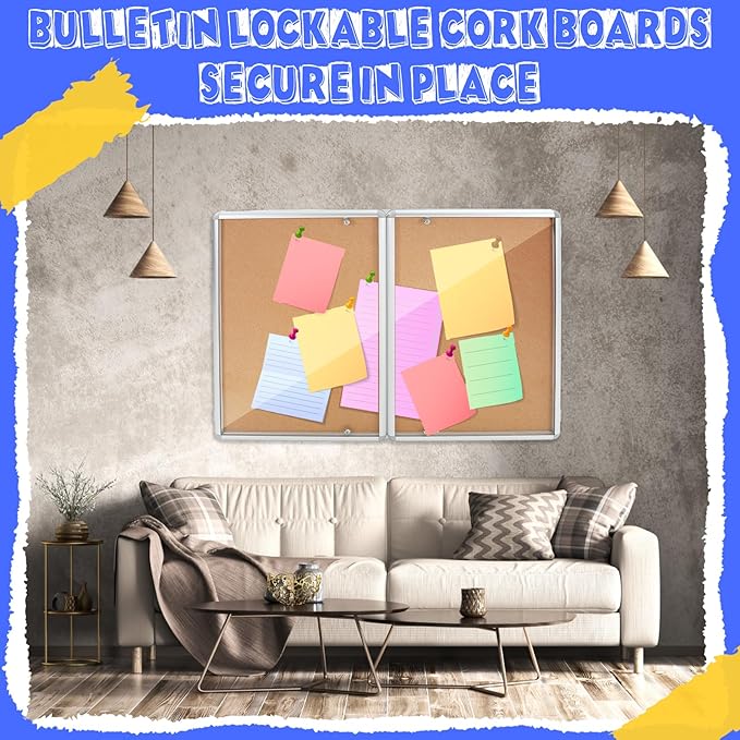 Enclosed Bulletin Board 48" x 36" Weather Resistant Lockable Notice Cork Display Board Wall Mounted 2 Locking Door for School Classroom Commercial Back to School, 12 x A4(Brown, Silver Frame)-DeskLoop Office