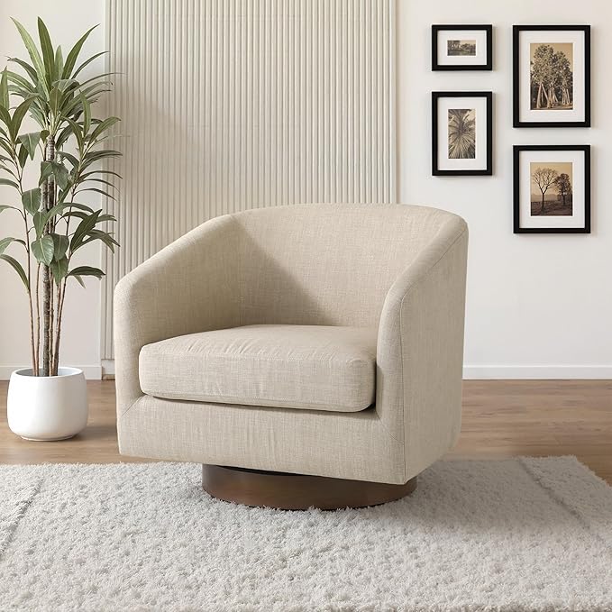 UIXE Swivel Accent Chair with Wood Base, Fabric Upholstered Barrel Chairs for Living Room, Comfy Round Armchair Single Sofa Bedroom Reading Seat - 31" W, Light Brown-DeskLoop Office