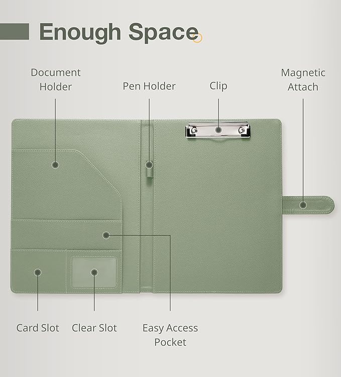 Clipboard Folder Padfolio, Mymazn Writing Portfolio Faux Leather Clipboards with Cover for Legal Pad Holder Letter Size A4 8.5 x 11 for Business Conference Notepad Clip Board (Sage)-DeskLoop Office