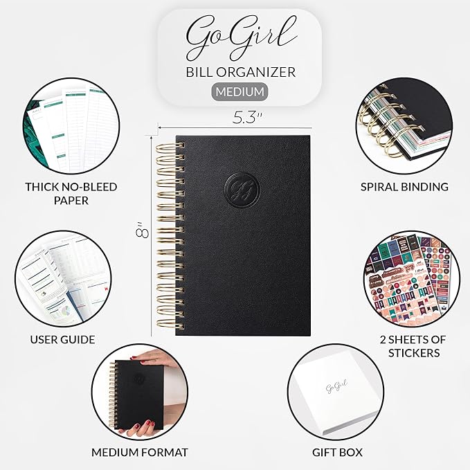 GoGirl Budget Planner & Monthly Bill Organizer – Monthly Financial Book with Pockets. Expense Tracker Notebook Journal, Compact (Black)