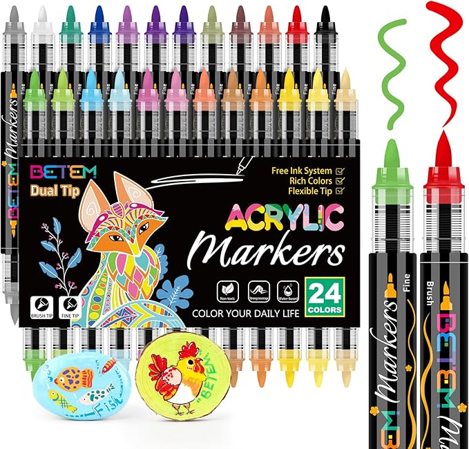 Betem Acrylic Paint Markers Paint Pens, 24 Colors Dual Tip Direct Liquid Acrylic Markers with Automatic Ink Control System, Fine & Brush Tip Art Supplies for Rocks, Wood, Stone, Fabrics, DIY Craft-DeskLoop Office