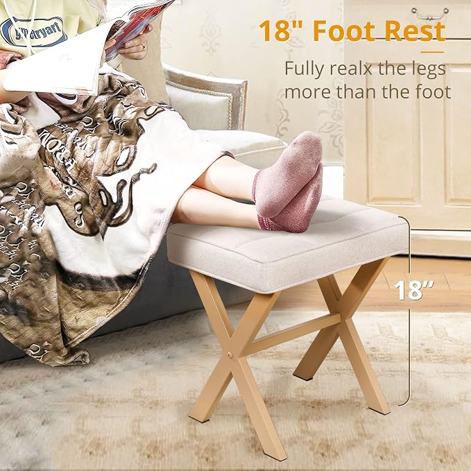 LUE BONA Square Linen Makeup Stool, Metal X Legs, Small Ottoman Stool Chair - Image 4