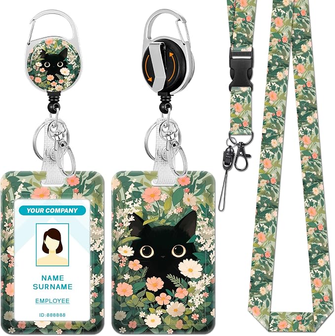 Hancynir Lanyards for Id Badges, Cat Flower Floral Badge Holder by Hancynir