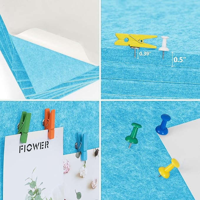 AKTOP Cork Bulletin Board 12x12, 1/2" Thick Felt Cork Board Tiles 12 Pack, Small Square Pin Board for Wall, Self Adhesive Corkboards with 120 Push Pin Wood Clips for School, Home & Office, Baby Blue-DeskLoop Office