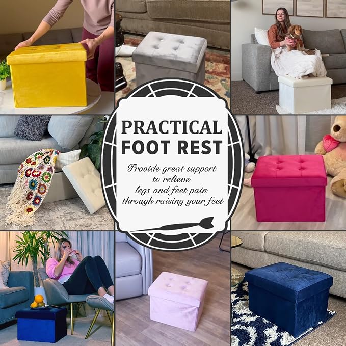 LINMAGCO Storage Ottoman Folding Foot Stool Velvet Footrest - Image 3