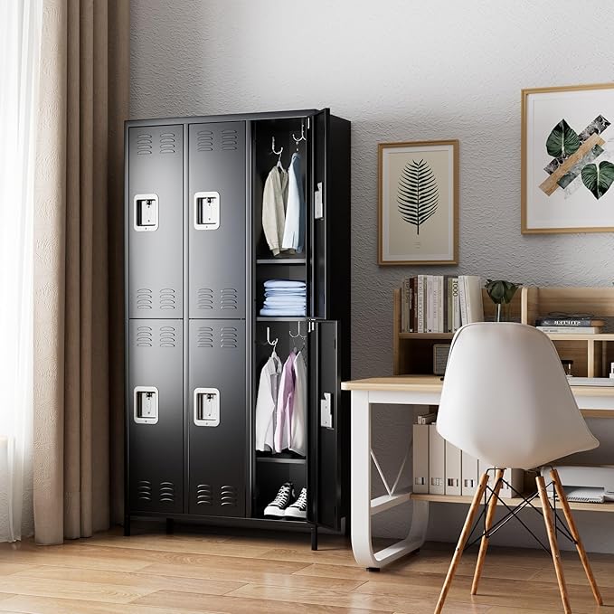 6 Doors Metal Lockers for Employees with Lock, Metal Locker with 18 Hooks for School Garage Office Gym Home,Assembly Required,Black-DeskLoop Office