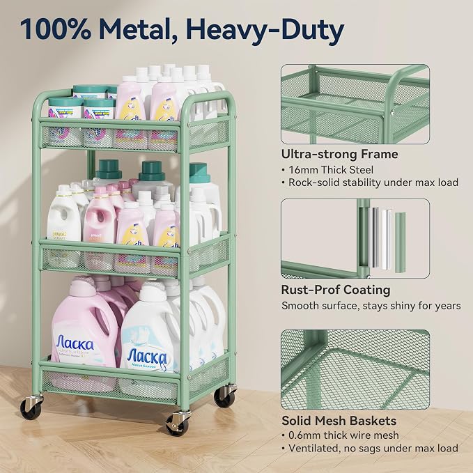 YASONIC 3 Tier Rolling Cart – Metal Utility Storage Carts - Image 2
