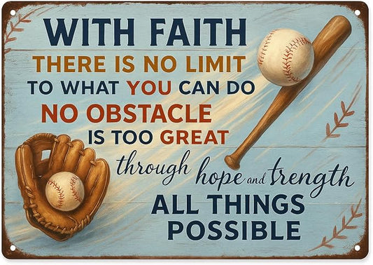 With Faith Baseball Metal Sign – Vintage Inspirational Quote Wall Decor by SKYOCEAN