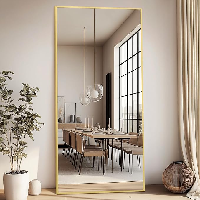 Large Full Length Mirror, 71"x32" Gold Floor Mirror with Stand, Rectangle Standing Mirror for Living Room Bedroom Cloakroom Gym, Thin Aluminum Frame, Tempered Glass-DeskLoop Office
