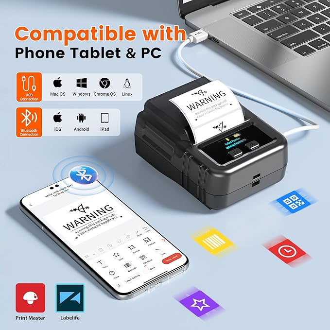 Phomemo M120 Label Maker, 2 Inch Bluetooth Thermal Label Printer with 3 Rolls Thermal Label(4030/4030/5030mm), Label Maker Machine for Small Business, Barcode, Address, Sticker Printer for Phone & PC-DeskLoop Office