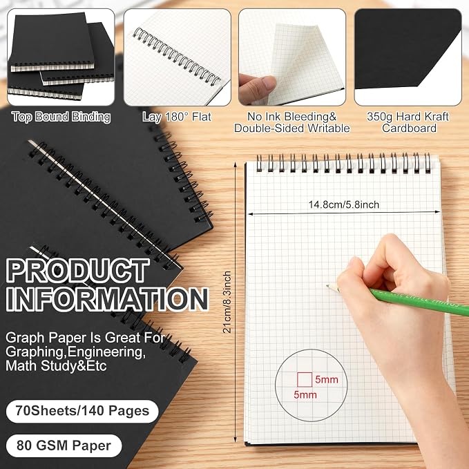 Engrowtic 4 Pack Graph Paper Spiral Notepad A5 Top Wirebound Notepad Grid - Image 2
