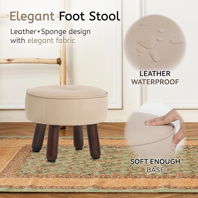 13in Small Foot Stool Ottoman, Round Faux Leather Foot Rest for Couch, Under Desk Pouf Footstool Footrest with Non-Skid Rubber Legs for Ling Room, Bedroom, 13''L x 13''W x 10.2''H, Beige-DeskLoop Office