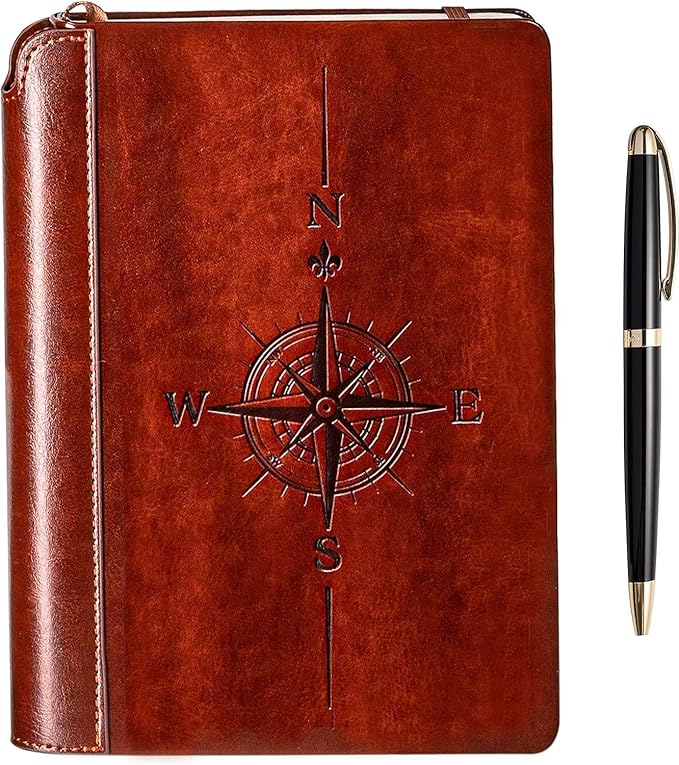 SETTINI® Lined Journal - Compass Journal for Writing Gift Set - Hardcover Vegan Leather, Includes Luxury Pen in a Unique Pen Holder, 192 Pages, 6 x 8.5 inches, Birthday Gift-DeskLoop Office