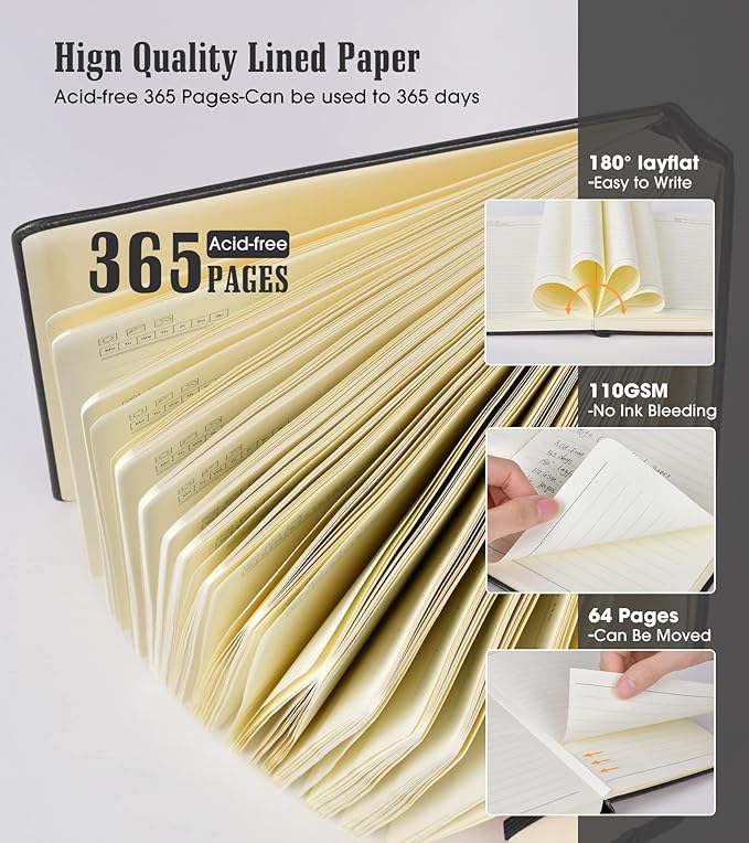 Lined Journal, 365 Pages B5 Large Hardcover Leather Notebook for Women Men, Daily Writing for Work, Note Taking, 100Gsm Thick Paper (7.6'' X 10'' Black)-DeskLoop Office