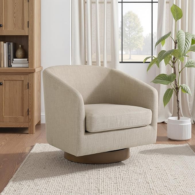 UIXE Swivel Accent Chair with Wood Base, Fabric Upholstered Barrel Chairs for Living Room, Comfy Round Armchair Single Sofa Bedroom Reading Seat - 31" W, Light Brown-DeskLoop Office