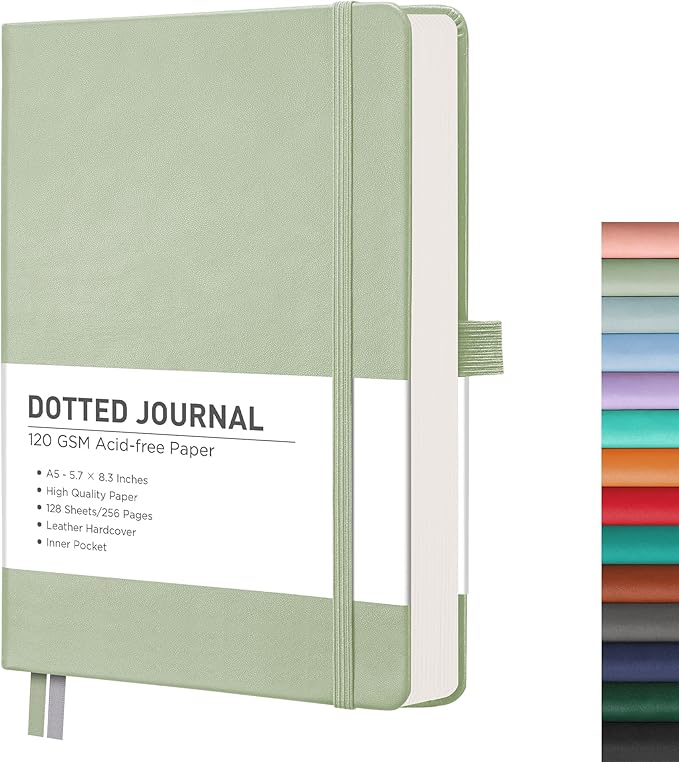 RETTACY Bullet Dotted Journal Notebook, 256 Pages, A5 Medium Size (5.7'' × 8.3''), Leather Hardcover, 120 GSM Thick Paper, for Bullet Journaling, Planning, Tracking (Light Green)-DeskLoop Office